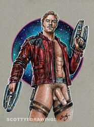 1boy abs actor artist_name artist_signature balls ballsack blue_eyes body_hair bottomless_male brown_hair celebrity chris_pratt facial_hair guardians_of_the_galaxy hairy_male human in_character leather_jacket male male_only male_pubic_hair manly marvel marvel_cinematic_universe mature_male mustache open_jacket penis peter_quill scottysdrawings scrotum semi-erect sideburns solo starlord testicles thick_thighs veiny_penis