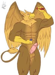 abs anthro anubis-kruger avian balls beak brown_body brown_eyes car carpo claws destruction erection extreme_size_difference feathered_wings feathers genitals gryphon hi_res humanoid_genitalia humanoid_penis macro macro_anthro male muscular muscular_anthro muscular_male mythological_avian mythological_creature mythology nude pecs penile penis playing pyronite(commissioner) simple_background size_difference smile solo tail vehicle vehicle_destruction vein veiny_penis wings