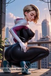 ai_generated artist_name ass asymmetrical_hair blonde_hair blue_eyes bodysuit breasts building city cloud covered_nipples eyebrow_piercing female gwen gwen_stacy gwen_stacy_(spider-verse) hood hood_down hooded_bodysuit lips looking_at_viewer marvel medium_breasts outdoors patreon_username piercing shoes short_hair sidecut skin_tight sky smile sneakers solo spider-gwen spider-man spider-verse spider_web_print squatting stacy tagme undercut video xadrid