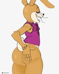 2023 5_fingers anthro black_nose bottomless bottomless_anthro bottomless_male bow_tie buckteeth clothed clothing cyancoyote eyelashes fingers five_nights_at_freddy's:_help_wanted fur glitchtrap half-closed_eyes hand_on_butt hi_res lagomorph leporid long_ears looking_back male mammal narrowed_eyes open_mouth purple_bow_tie purple_clothing purple_eyes purple_topwear purple_vest rabbit rabbit_ears rear_view simple_background small_tail solo standing stitch_(sewing) tail teeth topwear topwear_only vest vest_only whiskers white_background yellow_body yellow_fur