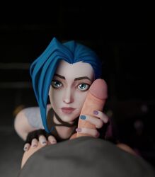 1boy 1girls 3d blue_eyes blue_hair erection female hand_on_penis jinx_(league_of_legends) league_of_legends male penis riot_games thotty