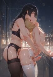 ai_generated anal anal_sex anal_sex arm_support ass balcony black_hair blonde_hair bob_cut bra bra_down breasts breasts_out dickgirl dickgirl/male femboy feminine_male from_behind_position futa_on_femboy futa_on_male futadom futanari futanari_penetrating garter_belt garter_straps hannai hip_grab intersex kissing kissing_while_penetrated male male_penetrated malesub neck_grab otoko_no_ko outdoors sex_from_behind standing standing_sex stockings thighhighs thighs thrusting trap