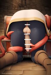 3d ai_generated elf frieren frieren_beyond_journey's_end frieren_stuck_in_a_mimic_(meme) futaais23 futanari mimic mimic_chest precum precum_drip stuck tentacle torn_clothes