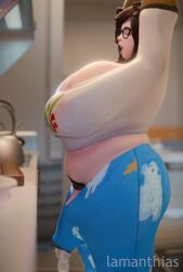 1futa 3d big_ass big_breasts big_penis blender blizzard_entertainment cum cum_through_clothes erect_penis erection erection_under_clothes futanari lamanthias mei_(overwatch) overwatch overwatch_2 pajamei penis_under_clothes stretching tight_clothing yawn
