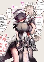 1futa 1girls 2d after_orgasm alexandrina_sebastiane big_breasts black_hair blush boner breasts bulge clothed clothing cum cum_on_clothes cum_on_leg cum_on_lower_body cum_on_self cum_through_clothes cumshot dress ejaculation ellen_joe erection_under_clothes female from_behind fully_clothed futanari gloves heart heart_symbol human intersex japanese_text large_breasts legs light-skinned_female light-skinned_futanari light_skin long_hair maid maid_headdress maid_uniform open_mouth precum precum_drip precum_through_clothing premature_ejaculation premature_ejaculation_shaming red_eyes senkohu_(nushinushi) short_hair steam sweat tenting thighs tights zenless_zone_zero