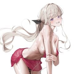 absurdres areola_slip bar_censor bikini black_ribbon blush breasts brown_hair censored commentary english_commentary female futanari grin hair_ribbon highres large_breasts leaning_forward long_hair looking_at_viewer navel oerba_yun_fang original penis pink_bikini pink_eyes ponytail ribbon smile solo stomach swimsuit tagua thighs veins veiny_penis