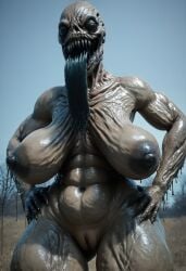 1girls ai_generated areola areolae big_breasts black_eyes breasts claws dark_areola dark_areolae deep_one fangs female horror huge_breasts lizzieaddams monster monster_girl nightmare_waifu nipples pussy sharp_teeth solo teratophilia thighs tongue tongue_out