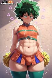aged_up ai_generated ass_focus ass_peek boku_no_hero_academia cheerleader closed_eyes d-art_style enormous_ass femboy femboy_only flat_chest floating_heart gay green_eyes green_hair izuku_midoriya my_hero_academia ua xwaifuai yaoi