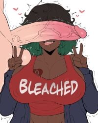 1boy 1girls absurdres bleached bleached_clothing breasts cant_see_the_haters cleavage clothed_female commission dark-skinned_female dark_skin edited eyes_covered female hi_res highres horu huge_breasts huge_cock huge_penis interracial large_breasts light-skinned_male light_skin long_hair male massive_breasts oc original original_character peace_sign penis penis_in_front_of_face penis_over_eyes queen_of_hearts solo tattoo third-party_edit tongue tongue_out unseen_male_face v