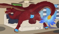 aetherxov anus ass b0b_dergarius balls bed big_anus big_butt blue_anus bodily_fluids dragon facial_horn feathered_wings feathers feral fur furniture genitals hi_res horn huge_anus hyper hyper_anus male mane mythological_creature mythological_scalie mythology nose_horn on_bed perineum puffy_anus red_body red_fur red_mane red_scales scales scalie solo sweat ventral_scales wings yellow_horn yellow_nose_horn