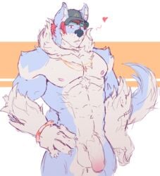 2018 animal_humanoid anthro balls big_biceps big_pecs canine clothing digital_media_(artwork) hat heart humanoid male male_only mammal muscular muscular_male nipples pecs sleepymute solo were werewolf