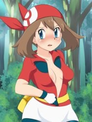 1girls bandana blue_eyes blush breasts brown_hair embarrassed eye_contact female gloves looking_at_viewer may_(pokemon) medium_hair nintendo no_bra pokemon pokemon_rse red_bandana shorts skirt solo spandex_shorts standing umejiru