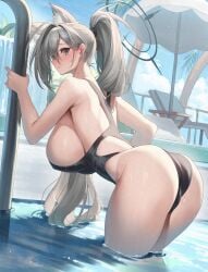 abydos_high_school_student ai_generated animal_ears ass back bare_shoulders bent_over blue_archive blue_eyes blue_sky blush breasts closed_mouth cloud competition_swimsuit day female foreclosure_task_force_(blue_archive) from_behind grey_hair hair_over_one_eye highleg highres large_breasts long_hair looking_at_viewer looking_back one-piece_swimsuit outdoors ponytail pool poolside shiroko_(blue_archive) shiroko_(terror)_(blue_archive) sideboob sky solo standing swimsuit thighs very_long_hair wading water wet wolf_ears wolf_girl yamanokami_eaka