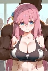 1boy ai_generated blush breast_grab cleavage dark-skinned_male embarrassed faceless_male female gotou_hitori gym indoors large_breasts looking_at_viewer muscular_male navel sad shy sports_bra stubble