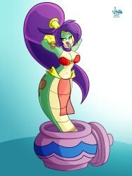 2d 2d_(artwork) anthro anthro_female arms_up breasts dancing fusion genie genie_girl hands_behind_head hips jamearts long_hair looking_at_viewer looking_pleasured medium_breasts naga ponytail pot purple_hair reptile reptile_humanoid scalie shantae shantae_(character) simple_background snake snake_girl tongue tongue_out tuki_(shantae)
