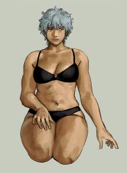 archive1905 black_bra black_panties bra cleavage female female_only genderswap_(mtf) gintama gintoki_sakata light_blue_hair medium_breasts muscular muscular_female panties rule_63 short_hair silver_hair sitting solo thick_thighs underwear very_short_hair wide_hips