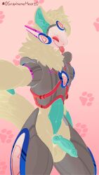 0grapheneheart0 absurd_res animal_genitalia animal_penis anthro armor athletic balls blue_body blue_fur canid canine canine_genitalia canine_penis fox_becket fur genitals hi_res knot machine male male/male mammal neck_tuft penis protogen red_body red_fur red_penis saggy_balls selfie smile smiling_at_viewer solo thick_thighs tongue tongue_out tuft visor