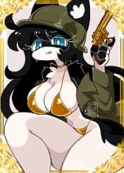 1girls anthro bikini bikini_under_clothes black_fur black_hair blue_eyes breasts cat_ears cat_tail catgirl curvy feline female female_focus female_only firearm fur furry furry_female furry_only gold_(metal) golden_bikini gun kat_kitt large_breasts long_hair looking_at_viewer military_hat military_uniform shiny_bikini shiny_clothes shiny_fur shiny_skin solo solo_female solo_focus straight_hair sweat thick_thighs thighs white_fur