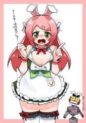 1girls 1other anger_vein animal_ears apron blush blush_stickers border breasts buttons cleavage clenched_hand dress fake_animal_ears female frilled_apron frilled_dress frilled_thighhighs frills green_bow green_dress green_eyes hairclip headset heart_hands huge_breasts index_finger_raised japanese_text long_hair looking_at_viewer maid momone_momo open_mouth pink_border pink_hair red_ribbon ribbon robot robot_girl saruyama_ushirou sidelocks skindentation solo_focus text thighs utau white_apron white_background white_thighhighs