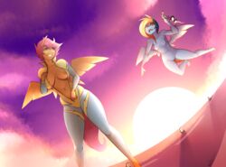 anthro body_swap bodysuit breasts clothing da3rd duo equine eyewear feathered_wings feathers female flying friendship_is_magic goggles mammal my_little_pony nipples outside pegasus pussy rainbow_dash_(mlp) scootaloo_(mlp) standing straight_hair surprise thick_thighs tight_clothing wide_hips wings