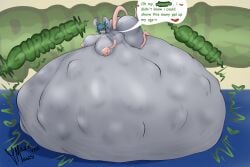 absurd_res anal anal_vore anthro ass belly big_belly big_breasts big_butt breasts female hi_res huge_belly humanoid lying mammal maze_(mazemaus) mazemaus motion_lines mouse murid murine on_front onomatopoeia rodent solo sound_effects stomach_bulge text vore