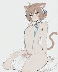 1boy ai_assisted ai_generated animal_ears blush bow brown_eyes brown_hair cat_ears cat_tail choker closed_mouth cum ejaculation erection felix_argyle hairbow handsfree_ejaculation heart heart-shaped_pupils male_focus navel otoko_no_ko penis pillow projectile_cum pubic_hair re:zero_kara_hajimeru_isekai_seikatsu ribbon short_hair simple_background sitting slingshot_swimsuit solo sondu sweat swimsuit symbol-shaped_pupils tail testicles trembling uncensored