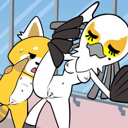 2girls aggressive_retsuko animal_ears anus avian beak black_eyes breasts closed_eyes female female_only flat_chest fur furry furry_only half-closed_eyes indiirs leg_up lonbluewolf medium_breasts mole mole_under_eye multiple_girls naked navel no_humans nude open_mouth pussy retsuko sanrio secretary_bird secretary_washimi splits spread_legs standing standing_on_one_leg straight_hair sweatdrop tail uncensored vertical_splits washimi window wings