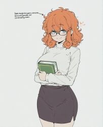 ai_assisted ai_generated bangs black_skirt blue_eyes blush book breasts closed_mouth cowboy_shot curly_hair english_text female glasses grey_background hair_between_eyes holding holding_book large_breasts long_sleeves looking_at_viewer medium_hair messy_hair orange_hair pencil_skirt simple_background skirt smile solo sondu sweatdrop sweater thick_eyebrows turtleneck turtleneck_sweater