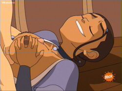1boy 1girls avatar_the_last_airbender braided_ponytail choker closed_eyes female interracial katara koturitsu light-skinned_male lying male mostly_clothed_female nickelodeon nipples nude_male paizuri penis smiling tan-skinned_female tan_body titjob vhs_filter