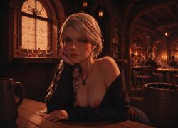 ai_generated braid breasts cd_projekt_red ciri female light-skinned_female looking_at_viewer mascara nipples public_nudity scar smiling tavern the_witcher_(series) the_witcher_4 white_hair witcher_medallion