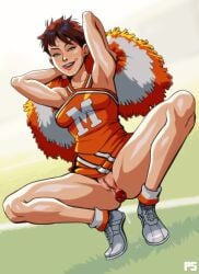 1girl 1girls anal_insertion anal_plug blue_eyes brown_hair buttplug cheerleader cheerleader_outfit cheerleader_uniform exhibitionism exposed_pussy female female_focus female_only inviting legs_apart looking_at_viewer marvel mayday_parker mc2 outdoors pompoms presenting pumpkinsinclair pussy_juice pussy_juice_drip pussy_juice_trail short_hair skirt skirt_lift smiling smiling_at_viewer solo solo_female solo_focus spider-girl squatting teasing teasing_viewer teenage_girl teenager tomboy tongue