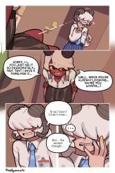 animal_humanoid bite biting_lip bovid bovid_humanoid caprine caprine_humanoid clothed clothing detailed_background dialogue duo eline_(theelgenerate) ellipsis erection erection_under_clothing eyebrows female hair hi_res horn humanoid imp levi_(theelgenerate) male mammal mammal_humanoid red_body sheep_humanoid sitting speech_bubble standing teeth theelgenerate white_hair yellow_sclera