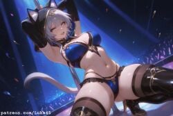 ai_generated armpit arms_up big_breasts bikini blue_eyes breast cat_ears cat_tail cipher(honkai:_star_rail) crouched female gloves gold_heels grey_hair heels honkai:_starrail hood hoyoverse luka45 mihoyo necklace open open_mouth patreon patreon_reward patreon_url patreon_username smile smiling_at_viewer stockings_thigh_highs thick_legs thick_thighs thighs wet wet_body