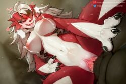 anthro areola biped black_body black_fur breasts duo erection eyelashes female female_penetrated fur generation_7_pokemon genitals hi_res kambo lycanroc male male/female male_penetrating male_penetrating_female midnight_lycanroc multicolored_body multicolored_fur nintendo nipples penetration penile penile_penetration penis pokemon pokemon_(species) pussy red_eyes sex teeth tongue tongue_out vaginal_penetration vaginal_penetration white_body white_fur