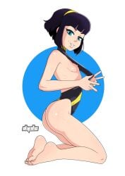 1girls :d adjusting_clothes adjusting_swimsuit aqua_eyes artist_name ass backless_swimsuit bare_shoulders barefoot black_hair black_one-piece_swimsuit blue_background blunt_bangs blunt_ends bob_cut body_freckles breasts circle clothes_pull dude-doodle-do exposed_breasts feet female freckles from_side full_body furrowed_brow grin hairband halterneck highleg highleg_one-piece_swimsuit highleg_swimsuit inverted_bob kasia_mikolajczyk kneeling looking_at_viewer looking_to_the_side naughty_face nipples one-piece_swimsuit one-piece_swimsuit_pull original original_character parted_lips pinup pokemon pulling_own_clothes short_hair sideboob signature small_breasts smile soles solo swimsuit toes two-tone_swimsuit white_background yellow_hairband yellow_one-piece_swimsuit