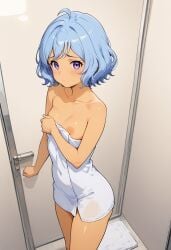 ai ai_generated anime anime_style cheek covering_breasts covering_up cute cute_face eyes káeli_xyovka_(character) kaybur_(series) la_coroneta_(series) nervous nervous_female nervous_smile purple purple_eyes rubbing short_hair short_hair_female shy shy_female skyblue_hair small_breasts towel towel_only