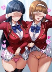 2girls advanced_nurturing_high_school_uniform black_hair black_thighhighs blazer blue_bow blue_bowtie bow bowtie breasts cameltoe clothes_lift covering_own_eyes daiaru female hairband highres horikita_suzune jacket kushida_kikyou large_breasts lifting_own_clothes miniskirt multiple_girls orange_panties panties pink_panties pleated_skirt red_jacket revision school_uniform shirt skirt skirt_lift thighhighs thighs translation_request underwear white_hairband white_shirt white_skirt youkoso_jitsuryoku_shijou_shugi_no_kyoushitsu_e