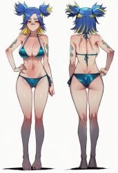 1girls ai_generated back back_muscles back_view big_breasts bikini blue_hair breasts female filipina filipino_female front_view midriff muscles neon_(valorant) pulling_panties ratatatat74 smile teasing unknown_artist valorant