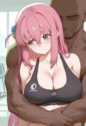 1boy 1girls ai_generated arms_around_waist averting_eyes blue_eyes blush bocchi_the_rock! cleavage dark-skinned_male dark_skin embarrassed faceless_male facing_viewer female gotou_hitori gym hug hug_from_behind indoors interracial large_breasts light-skinned_female light_skin looking_to_the_side muscular_male pink_hair sad shy smile sports_bra straight stubble