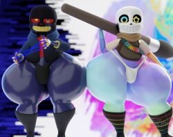 3d 3d_(artwork) big_hips big_thighs colored_skin darkspite detailed_background duo error_sans_(fan_character) frowning_at_viewer heterochromia hoodie ink_sans_(fan_character) looking_at_viewer male_only massive_thighs paint_brush rainbow_skin red_eyes sans_au smiling_at_viewer star_shaped_pupils strings thighhighs thong undertale undertale_au