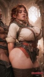 abs against_wall ai_generated ambiguous_penetration bottomless crowd doggy_style dragon_age_the_veilguard dwarf dwarf_female dwarf_male lace_harding large_breasts onlookers public_sex standing_doggy_style temple thick_thighs