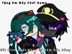 1boy 1girls black_body crop_top cross_necklace cyan_eyes enma(tsbd) female french_kiss gacha gacha_club game_controller glasses heart heart-shaped_pupils jaki joke male police purple_eyes saliva saliva_trail tagme tongue_out tsbd upper_body vietnamese_text white_background