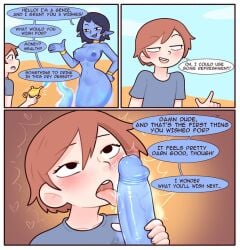 balls big_penis bisexual blowjob blue_skin futa_cock futa_on_female futanari genie licking_penis looking_up male red7cat third-party_source wish