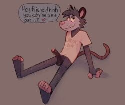 american_opossum anthro balls bedroom_eyes bottomless bottomless_anthro bottomless_male bowserboy101 clothed clothing dialogue english_text erection foreskin fur genitals grey_body grey_fur hairless_tail hi_res looking_at_viewer male mammal marsupial narrowed_eyes oliver_(bowserboy101) penis pink_nose plantigrade seductive shirt shirt_only sitting smile solo t-shirt t-shirt_only text toony topwear topwear_only uncircumcised