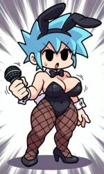 >:o 1girl 5_fingers ai_generated big_breasts black_bowtie black_bunny_ears black_bunnysuit black_eyes black_heels blue_hair boyfriend_(friday_night_funkin) breasts bunny_ears bunny_tail bunnysuit curvy female female_boyfriend_(friday_night_funkin) fishnet fishnet_pantyhose friday_night_funkin genderswap genderswap_(mtf) heels holding_microphone holding_object microphone multicolored_background pixai rule_63 short_hair shortstack solo spiky_hair sweat wrist_cuffs