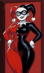 ai_generated big_breasts black_lipstick blue_eyes breasts clothed costume curvy dc facemask female hands_on_hips harley_quinn harley_quinn_(classic) jester jester_cap jester_costume jester_girl jester_hat jester_outfit painted_face pixai red_background smug solo thick_thighs tight_clothing white_paint