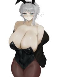 1girls blue_eyes blush breasts bunny_ears bunny_ears_headband bunnysuit busty cleavage eyebrows_visible_through_hair fake_animal_ears faust_(limbus_company) female female_only huge_breasts jacket leotard light-skinned_female light_skin limbus_company navel_visible_through_clothes off_shoulder pantyhose pmlbtmlorlc project_moon solo thick_thighs white_hair