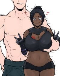 1boy 1girls 2023 absurd_res absurdres apex_legends big_breasts black_hair bra covered_erect_nipples dark-skinned_female dark_skin double_v double_v_sign erection erection_under_clothes faceless_male facing_viewer female gloves grabbing grabbing_breasts groping groping_breast groping_breasts hair_bun heart hearts hi_res high_resolution highres horu huge_breasts interracial large_breasts light-skinned_male light_skin male midriff muscular muscular_male nervous nervous_smile nipple_bulge open_smile peace_sign penis_bulge queen_of_hearts queen_of_hearts_tattoo shaking shirtless shirtless_(male) shirtless_male short_hair short_shorts shorts simple_background smile smiling smug straight tagme tattoo thick_thighs topless topless_male v white_background white_male wmbf wraith wraith_(apex_legends)