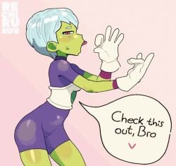 1girls animated bodysuit cheelai dialogue dragon_ball dragon_ball_super english_text fellatio_gesture female from_side gloves green_skin handjob_gesture looking_at_viewer naughty_face rechiru rechitv short_hair suggestive suggestive_gesture text tongue_out white_hair