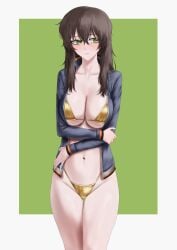 1girls alternate_hairstyle amane_suzuha bikini blush breasts brown_hair cleavage female fluffy_hair gold_bikini green_eyes koha large_breasts long_hair micro_bikini navel open_clothes open_jacket smile solo standing steins;gate swimsuit tomboy track_jacket water_drop wet_skin